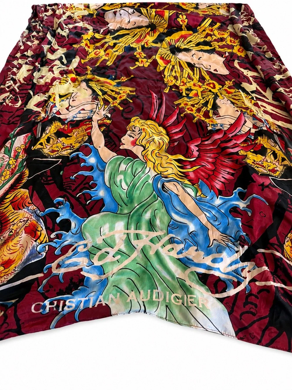 NWT Ed Hardy Burgundy 100% Silk Scarf Wrap Shawl 41” x 60” w/ Original Pouch